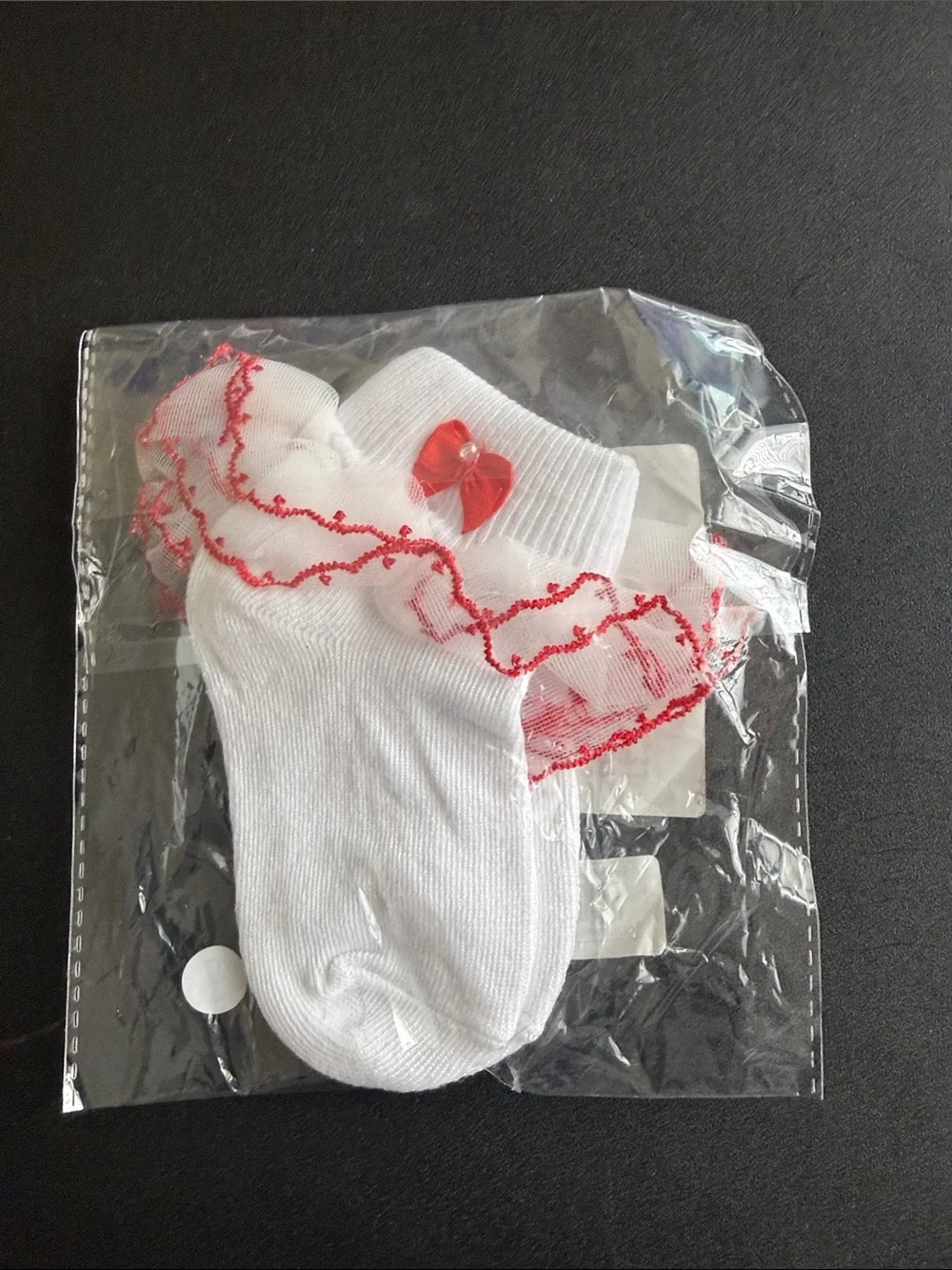 White Baby Socks with Red Ruffle and Bow